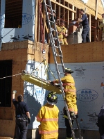 Firemen climbing ladder