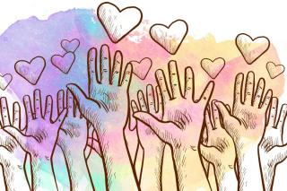 Donation page- hands reaching for hearts image.